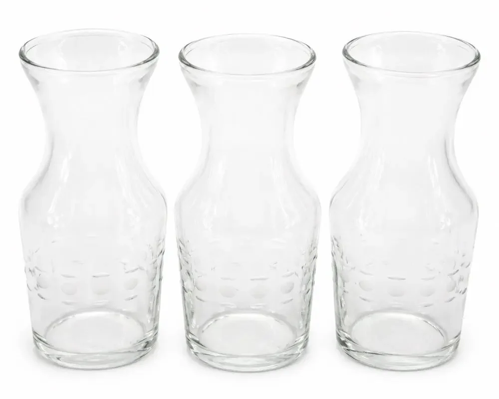 Vintage Clear Glass Juice Carafes Set of 3 Etched Dot Breakfast Bottles 7 Inch
